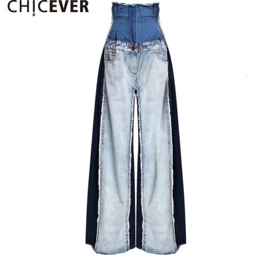 CHICEVER Casual Denim Patchwork Women Trousers High Waist Hit Color Large Size Wide Leg Pants Female Fashion Autumn 2020 New
