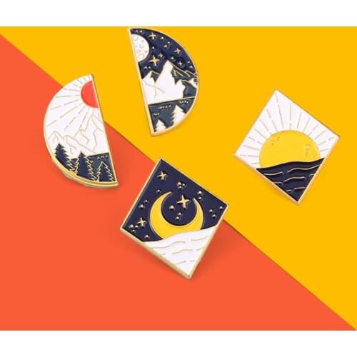Sun Moon Star Tatsu Enamel Pins Sunrise Over The Sea Couples Brooch Lapel Badge Cartoon Jewelry Gift For Kids Friends Wholesale