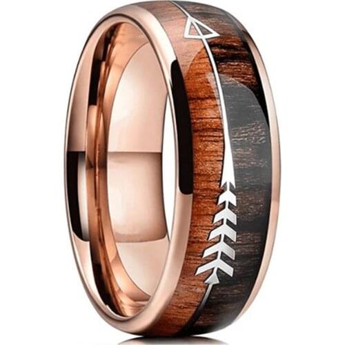 8MM Fashion Mens Rose Gold Stainless Steel Ring for Men Women Inlaid Arrow Wood Grain Jewelry Never Rust
