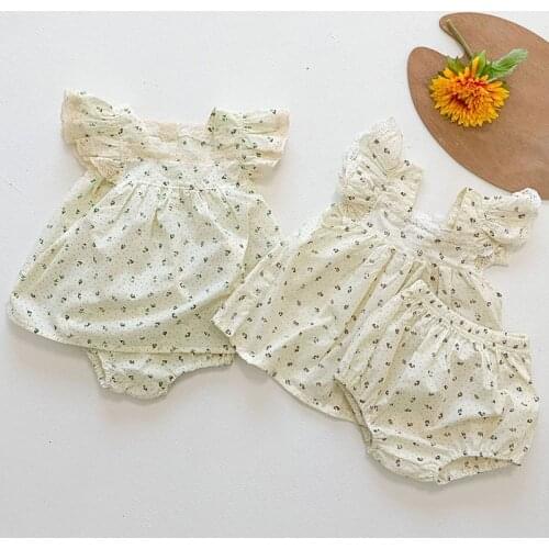 Korean Style Summer Toddler Baby Girls Clothes Suit Cotton Flying Sleeve Flower Tops+Shorts Infant Baby Girls Clothing Set