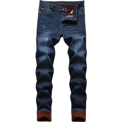 Hot Winter 2021 New Casual Mens Warm Slim Fit Jeans Business Thicken Denim Trousers Fleece Stretch Pants Brand Black Blue Jeans