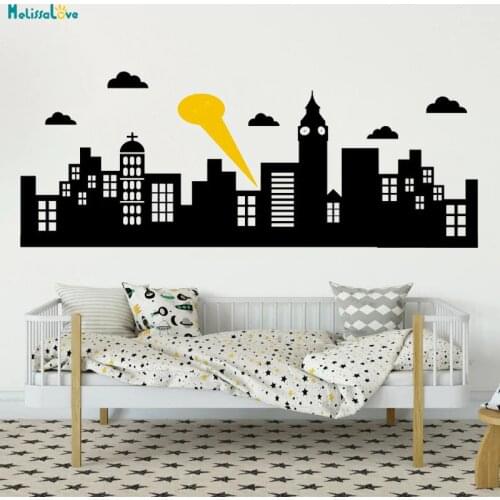 Large City Guarded Wall Stickers Layered City Skyline Silhouette With Lights Decals Nursery Murals Kids Baby Room YT3731