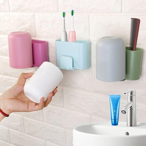 Toothbrush Holder Rack with Cup Holder Adhesive Wall-mounted Toothpaste Storage Stand with Drainage Holes for Bathroom TS2