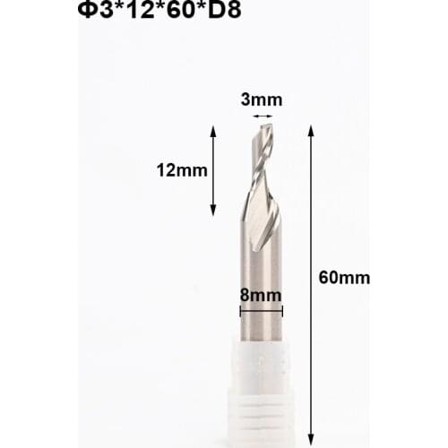 10pc Single Flute Spiral end mill cnc HSS aluminum engraving milling cutter,Aluminum alloy doors windows router bit 3x12x60xD8