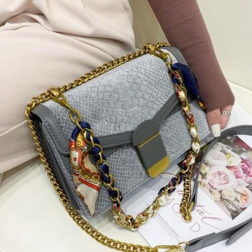 Crocodile pattern Square Crossbody bag 2020 New High quality Velvet Womens Designer Handbag Ribbon Chain Shoulder Messenger Bag