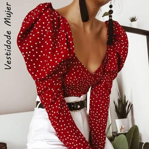 Vintage Polka Dot Women Blouse Puff Long Sleeve Wrap Top Elegant 2021 Lace Up Red Crop Tops Sexy Backless Chic Female Shirts