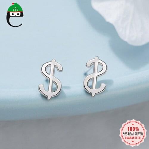 ElfoPlataSi Real 925 Sterling Silver Sweet Personality Dollar Sign Stud Earring For Women Wedding Valentines Day Jewelry DD321