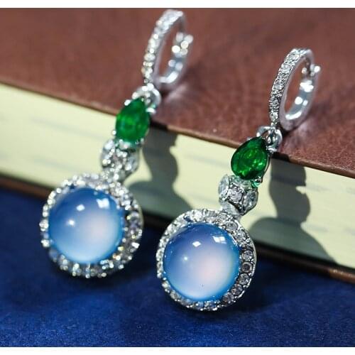 Charming Blue Moonstone Hoop Earrings for Women Crystal Resin Stone Charm Silver Color Dangle Earrings Statement Jewelry Gift