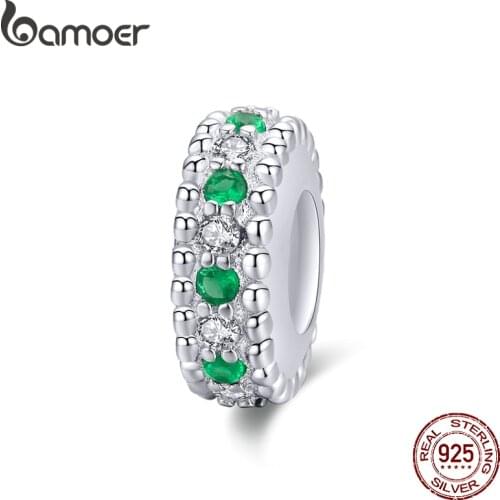 Bamoer Silver 925 Jewelry Green CZ Retro Spacer Charm for Womem Original Bracelet Bangle DIY Fashion Jewelry BSC185