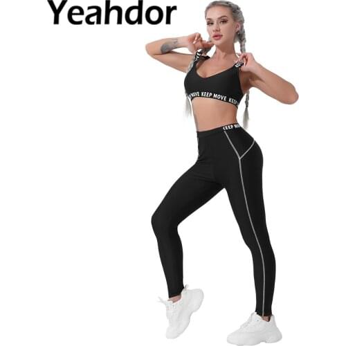 Women Two Pieces Sport Suit Sportwear V Neck Removable Chest Pads Sport Bras Tops and Pants Set for Workout Running Gym Yoga