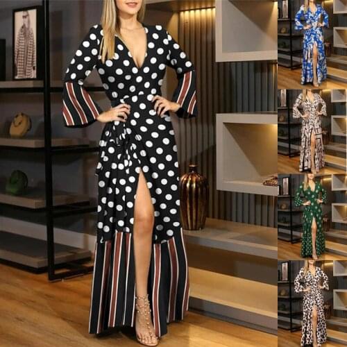 Autumn Dot Print Women Dress 2021 Fashion Deep V-neck Long Sleeve Dress Chic Tied Self Belt Long Dresses Female