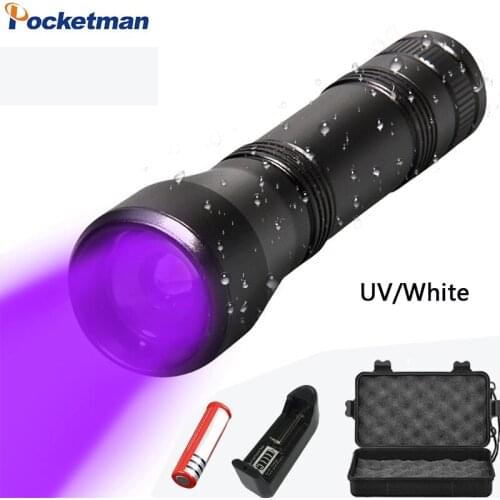 8000Lumens UV Flashlight Purple Light Lanterna 395nm Ultra Violet Light LED Torch Zoomable Flashlight by 18650 Battery