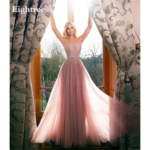 Eightree Sparkly Pink Prom Dress Sexy Strapless Glitter Sequins Evening Dresses Sleeveless A Line Pleated Formal Party Gown
