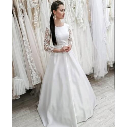Elegant Wedding Dress A-Line Satin Charming Long Sleeve Bridal Gowns O-Neck For Lady Stunning For Robe De Mariee