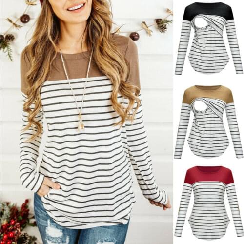 FOCUSNORM 3 Colors Women Maternity Nursing Tops Long Sleeve Striped Printed Breastfeeding T-Shirt Pregnant Tops