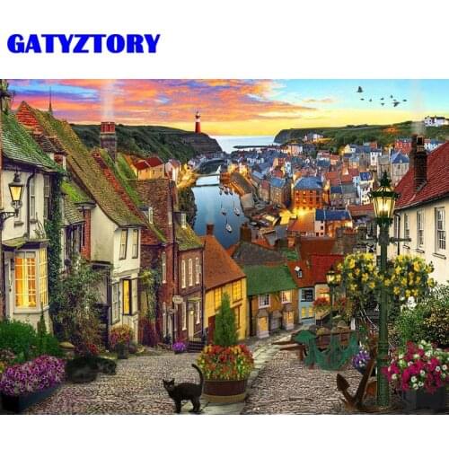 GATYZTORY Oil Painting By Numbers City Landscape Acrylic Drawing Canvas Street Cat Picture For Adults Home Decoration Gift
