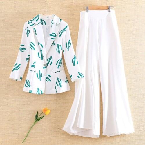 Embro Mill autumn women 2 pieces set vintage floral slim print suit + Split wide leg pants elegant lady suit female S-XL