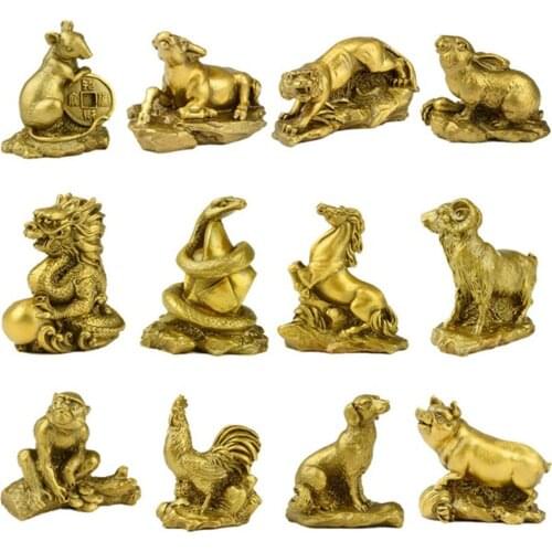 Copper 12 Zodiac Animal SHENGXIAO Figurines Fengshui Lucky Ornament Collectible Figurines Luck Charm Mascots