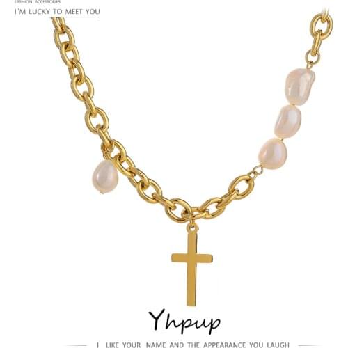 Yhpup Trendy Stainless Steel Cross Pendant Necklace Luxury Natural Pearl Metal Collar Necklace Chain Jewelry Bijoux Femme Gift
