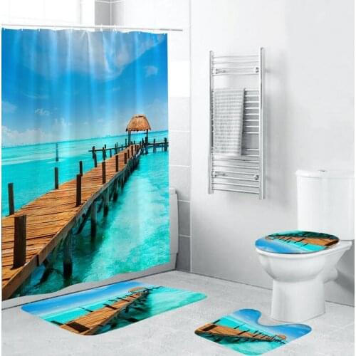 Sea Bridge Scenery Printing Pattern Shower Curtain Base Carpet Cover Toilet Cover Cushion Bath Mat Set Bathroom With Hook