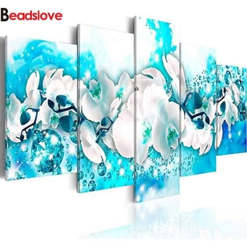 5 pcs diamond painting White Flower Art Paintings Blue Wall Magnolia Picture rhinestone full Embroidery mosaic cross stitch gift