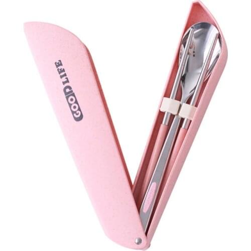 School Travel Picnic Lunch Stainless Steel Tableware Set Food Sticks Wheat Straw Cutlery Set Reusable Kids 2 Pcs Portable Adult