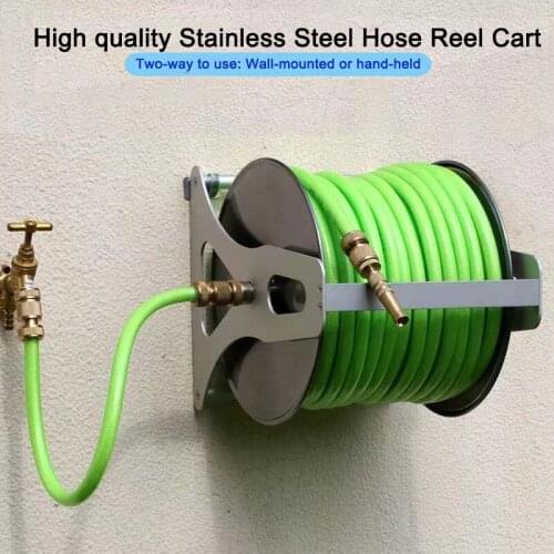 HEMAN Stainless Steel Wall Mounted 40m Hand Held Brass Hose Connectors Reel Cart Garden Tools