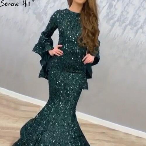 Latest Design Green Mermaid Luxury Prom Dresses 2020 Dubai Sequined Long Sleeves Sparkle Prom Gowns BLA60973