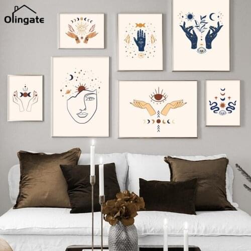 Nordic Posters and Prints Abstract Moon Sun Hand Eye Snake Girl Face Wall Art Canvas Painting Picture for Living Room Home Decor