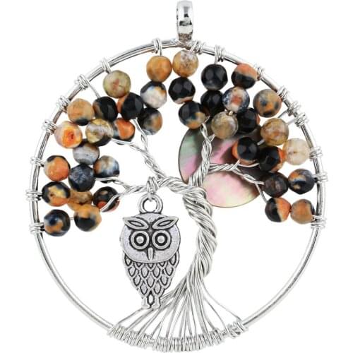 SUNYIK Orange & Black Onyx Tree of Life Owl Full Moon Abalone Shell Pendant Handmade Jewelry