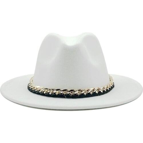 Women Men Wool Fedora Hat With Gold chain Ribbon Gentleman Elegant Lady Winter Autumn Wide Brim Jazz Church Panama Sombrero Cap