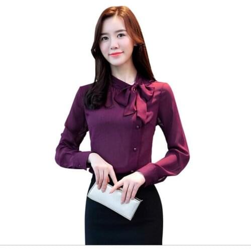 2019 New Office Lady Chiffon Women Work Blouses Shirts Long Sleeve Lace-Up Bow Female Short Shirts Spring womens Clothing Q176