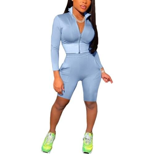 Women Two-piece Running Yoga Set Solid Color Casual Sportswear Turn-down Collar Long Sleeve Tops+Skinny Shorts Female Outfits