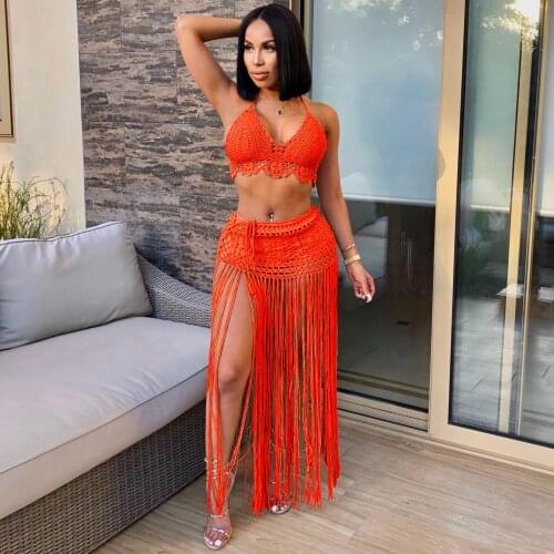 2021 Summer 2 Piece Dress Set Women Sexy See Through Dress Vintage Tassel Dresses Orange Knitted Women Holiday Beach Party Dress