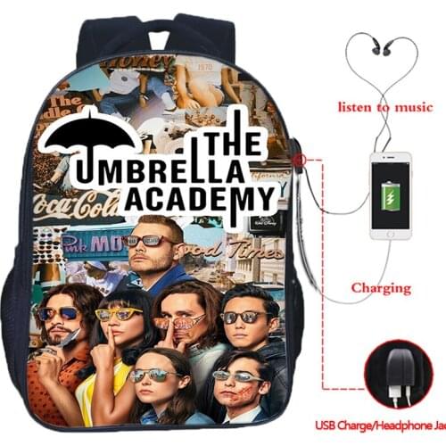 The Umbrella academy Backpack School Bag Women USB Travel Rucksack Laptop Knapsacks USB Design Backpack Large Capacity Mochila