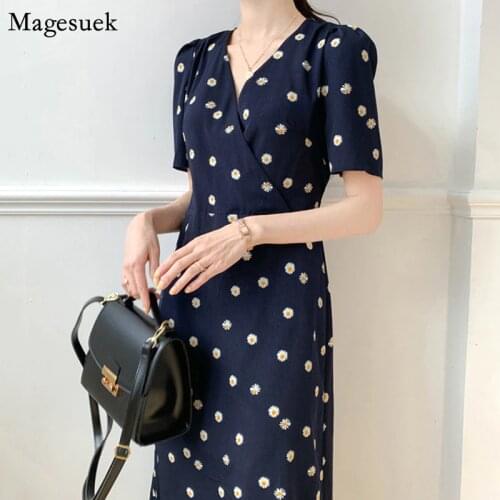 Plus Size Summer Floral Dresses Women 2021 Korean V-neck Short Sleeve Printed Dress Women Elegant Casual Dress Lady Robes 15298
