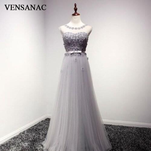 VENSANAC 2017 New A Line Lace Appliques O Neck Long Evening Dresses Sleeveless Elegant Beadings Sash Tank Party Prom Gowns