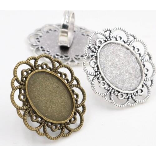18x25mm 5pcs Antique Silver Plated&Bronze Plated Brass Oval Adjustable Ring Settings Blank/Base,Fit 18x25mm Glass Cabochons