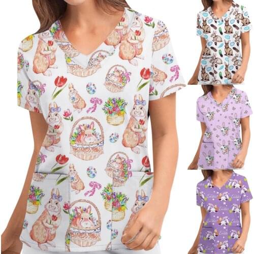 2021 Nurse Working Tops Women Plue Size Easter Print Casual Short Sleeve V-neck Pocket Medical Uniforms For Women Summer Mujer