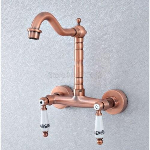Antique Red Copper Wall Mounted Swivel Spout Kitchen Sink Vessel Faucet Dual Ceramic Lever Bathroom Basin Taps tsf905