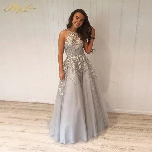 Berylove Grey Prom Dresses Appliques Halter Sleeveless Illusion Evening Dresses Floor Length Party Gown Robe de soiree Vestidos