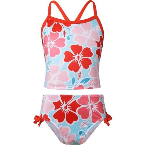 Kids Girls Summer Tankini Floral Printed Swimsuit Cute Swimwear Children Bathing Suit Set Tops with Tie Side Bottoms Beach Wear