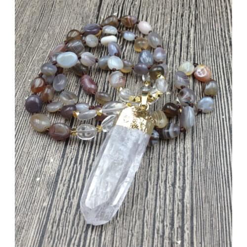 YA3022 Rough Quartz Pendant Botswana Agates Nuggets Beads Knot Necklace