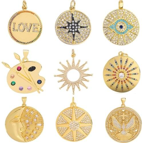 Juya DIY Christmas Women Pendant Jewelry Making Handmade Gold Micro Pave Zircon Love Evil Eye Eagle Moon Star Charms Wholesale