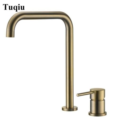 Brass hot and cold bathroom super long pipe two holes Brush gold faucet bathroom faucet sink tap 360 rotating widespread basin