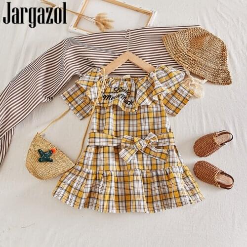 Jargazol Fashion Little Kids Clothes Girls Ruffle Outfits Letter Embroidery Plaid Bow Iff The Shoulder Princess Dress Vestidos