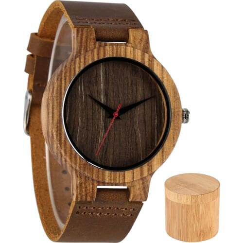 Mens Wood Watch Genuine Leather Band Quartz Wristwatch Red Seconds Display Natural Wooden Male Timepiece Gift with Bamboo Box