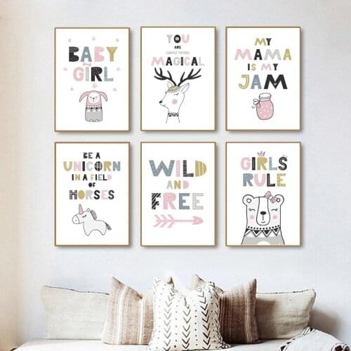 Nursery Room Wall Art Poster Cartoon Forest Animals Quote Canvas Painting Baby Girl Bedroom Decor Colored Picture Artwork