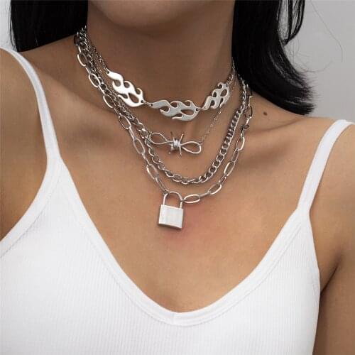 4Pcs/Set Punk Thorns Flame Necklace Sets Gothic Padlock Pendant Necklace for Women Men 2021 Hip Hop Gift Party Accessories Gift