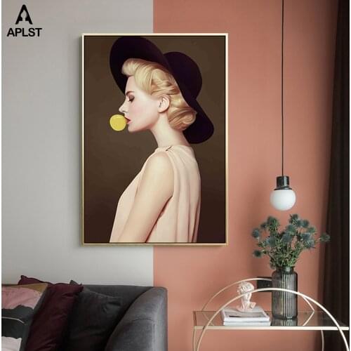Sexy Women Blow Yellow Pink bubble Gum Posters & Prints Semi-Nude Naked Girls Canvas Painting Wall Art Picture Living Room Decor